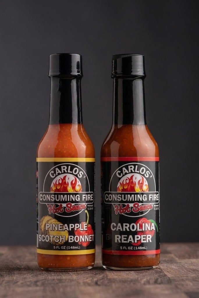 Carlos' Consuming Fire Hot Sauce Sweet Heat Bundle: Pineapple Scotch Bonnet and Carolina Reaper hot sauce bottles on a dark background.