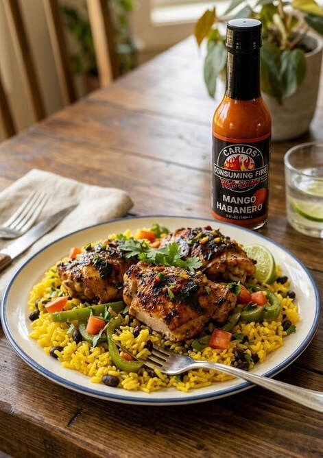 Chicken and yellow rice with black beans, green peppers, diced tomato, and cilantro beside a bottle of Carlos' Mango Habanero Hot Sauce